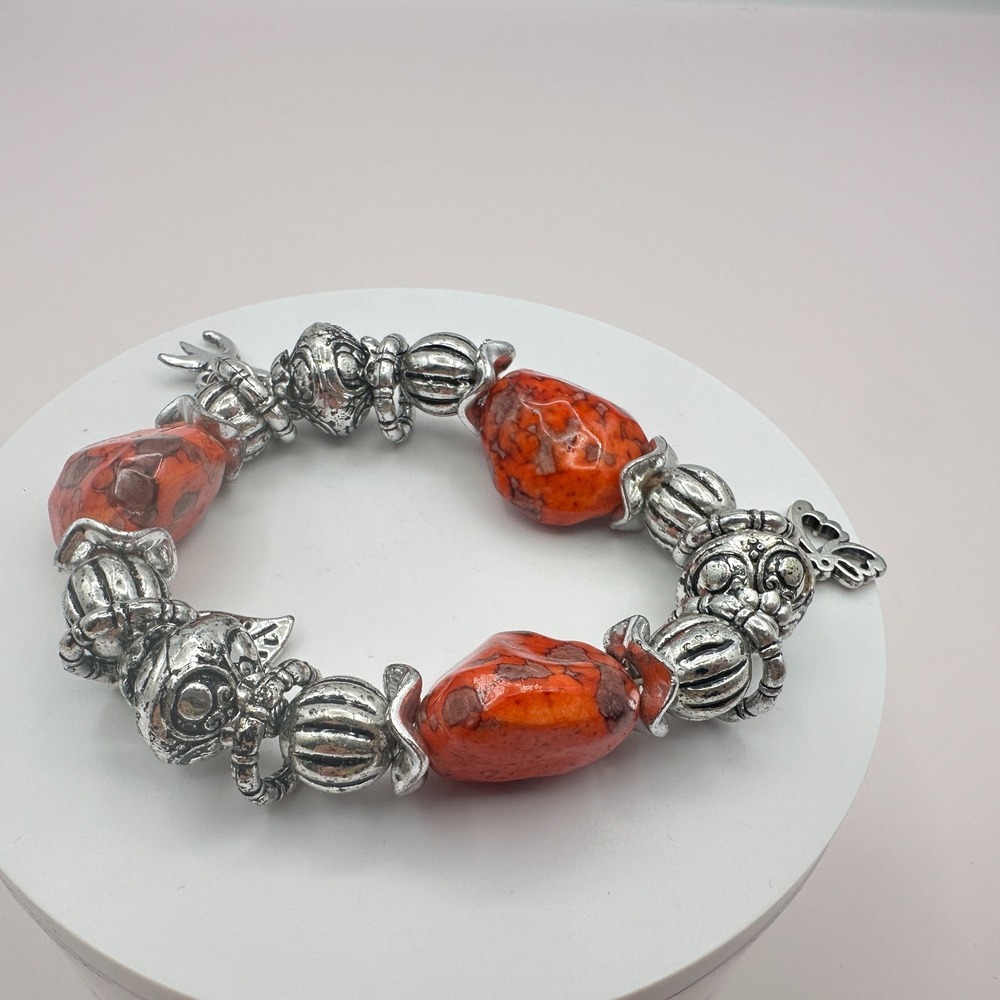 Vintage Y2K Orange Beaded Stretch Bracelet Silver Tone Chunky Statement Jewelry